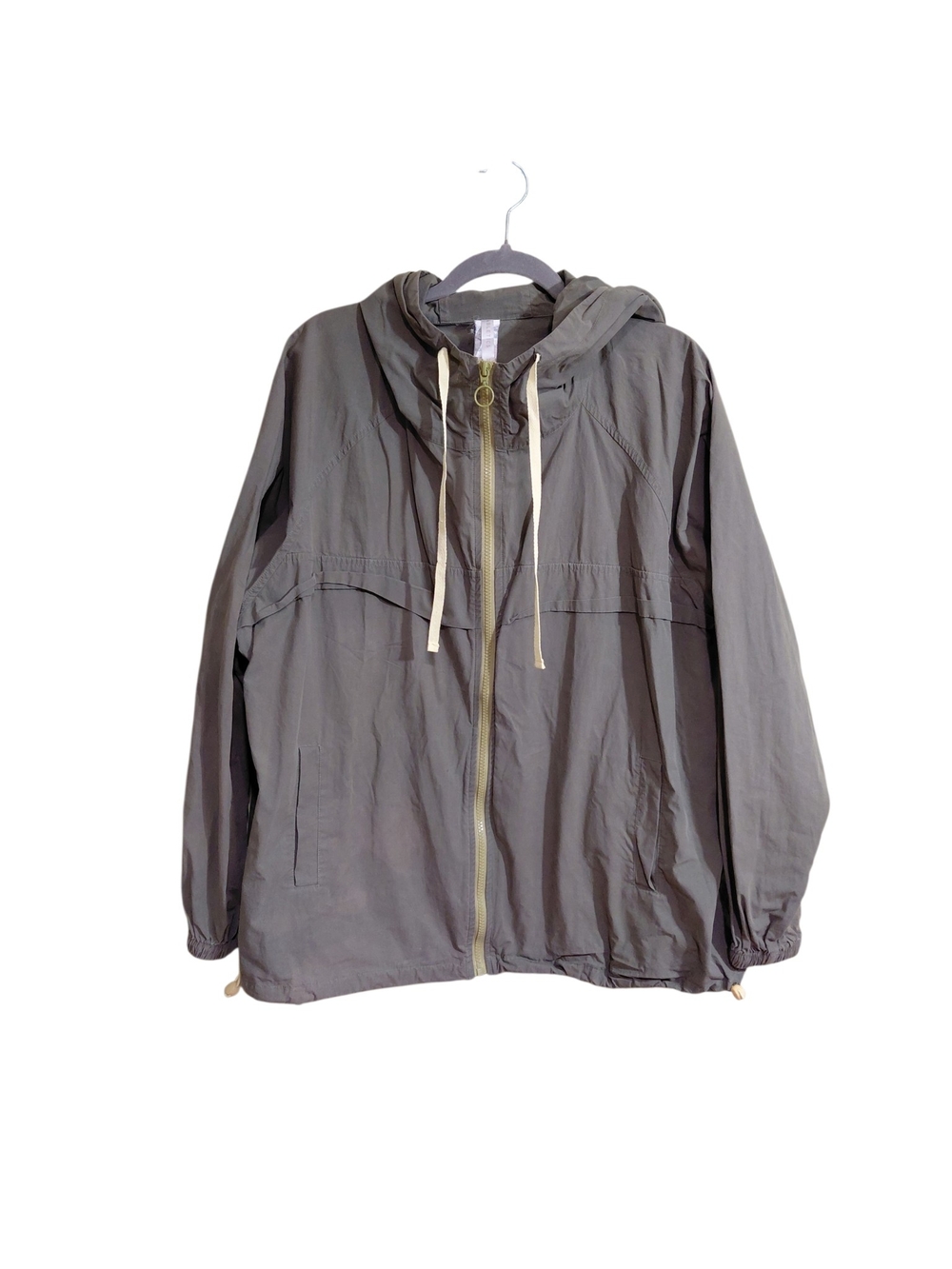 Fabletics Women's Hooded Windbreaker Jacket in Gray with Cream Drawstrings